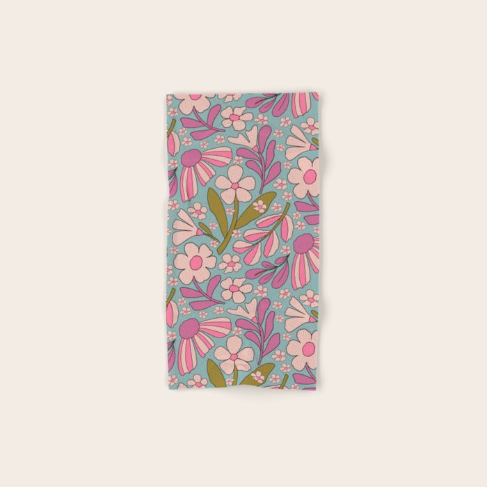 Retro Groovy - 70's Blue Floral Pattern Bath Towel Gallery Image 1