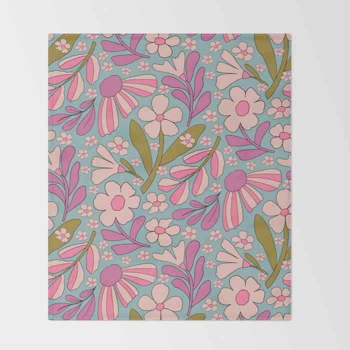 Retro Groovy - 70's Blue Floral Pattern Throw Blanket Gallery Image 2
