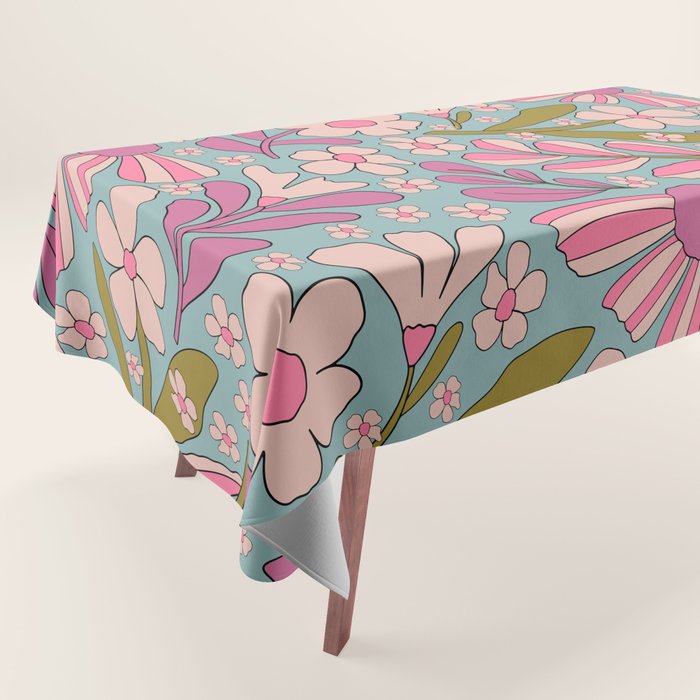 Retro Groovy - 70's Blue Floral Pattern Tablecloth Gallery Image 1