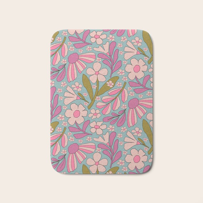 Retro Groovy - 70's Blue Floral Pattern Bath Mat Gallery Image 1