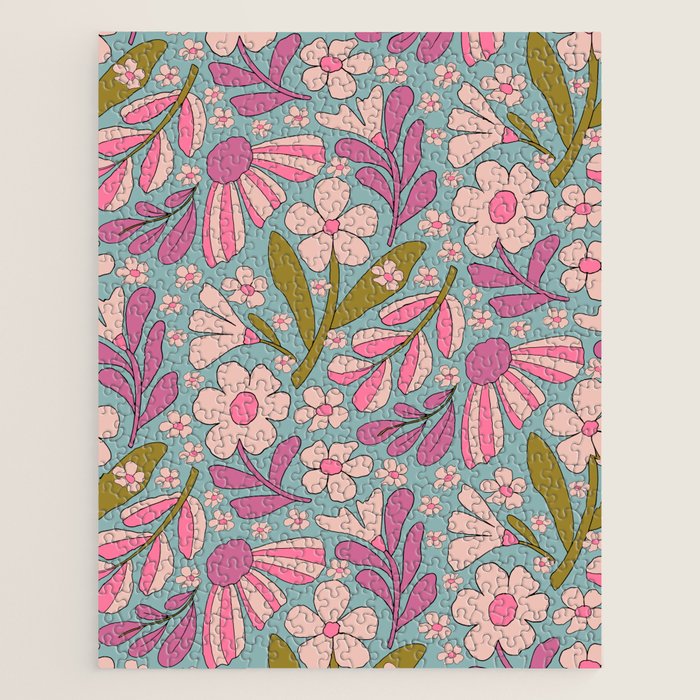 Retro Groovy - 70's Blue Floral Pattern Jigsaw Puzzle Gallery Image 1