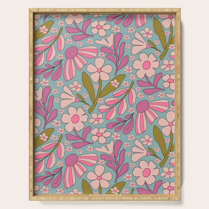 Retro Groovy - 70's Blue Floral Pattern Serving Tray Gallery Image 1