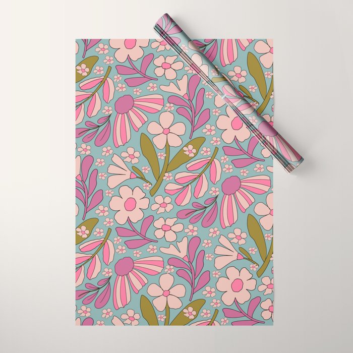 Retro Groovy - 70's Blue Floral Pattern Wrapping Paper Gallery Image 1