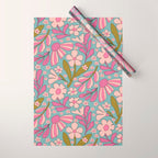 Retro Groovy - 70's Blue Floral Pattern Wrapping Paper Gallery Image 1