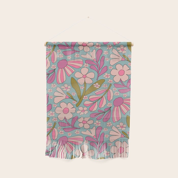 Retro Groovy - 70's Blue Floral Pattern Wall Hanging Gallery Image 1