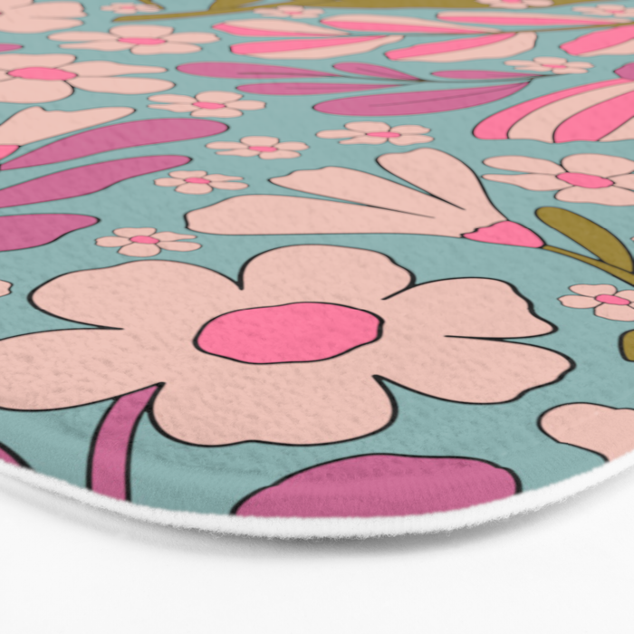 Retro Groovy - 70's Blue Floral Pattern Bath Mat Gallery Image 3