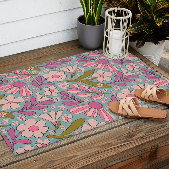 Retro Groovy - 70's Blue Floral Pattern Outdoor Rug Gallery Image 2