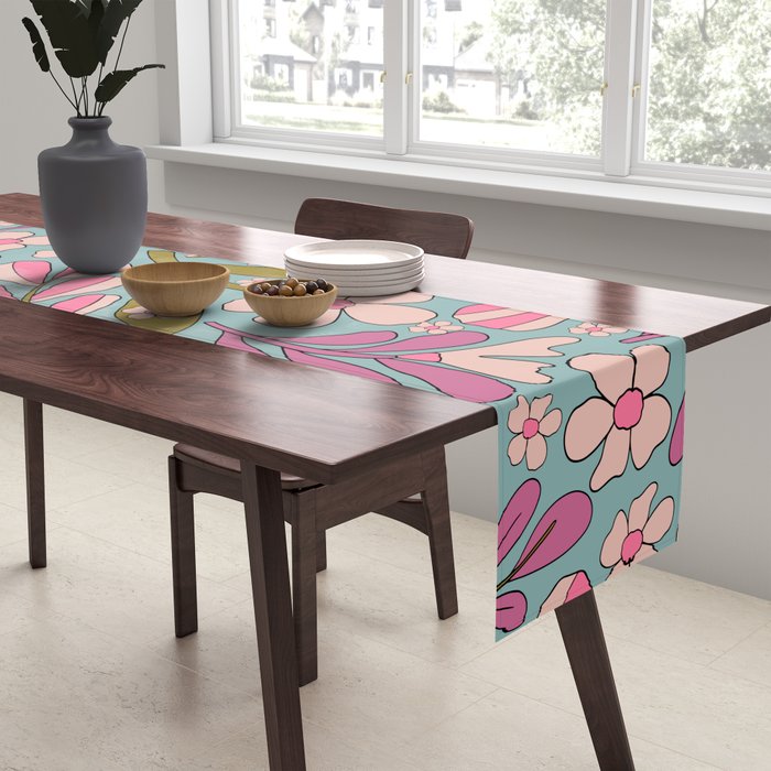 Retro Groovy - 70's Blue Floral Pattern Table Runner Gallery Image 2