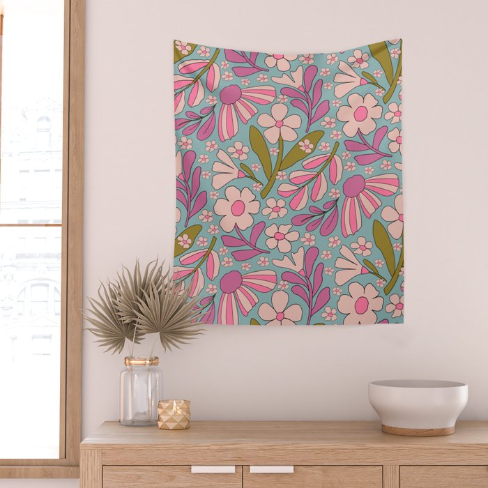 Retro Groovy - 70's Blue Floral Pattern Wall Tapestry Gallery Image 2