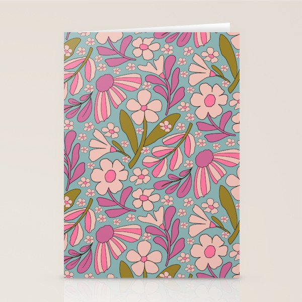 Retro Groovy - 70's Blue Floral Pattern Stationery Card Gallery Image 1