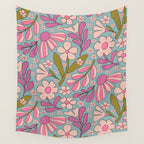Retro Groovy - 70's Blue Floral Pattern Wall Tapestry Gallery Image 4