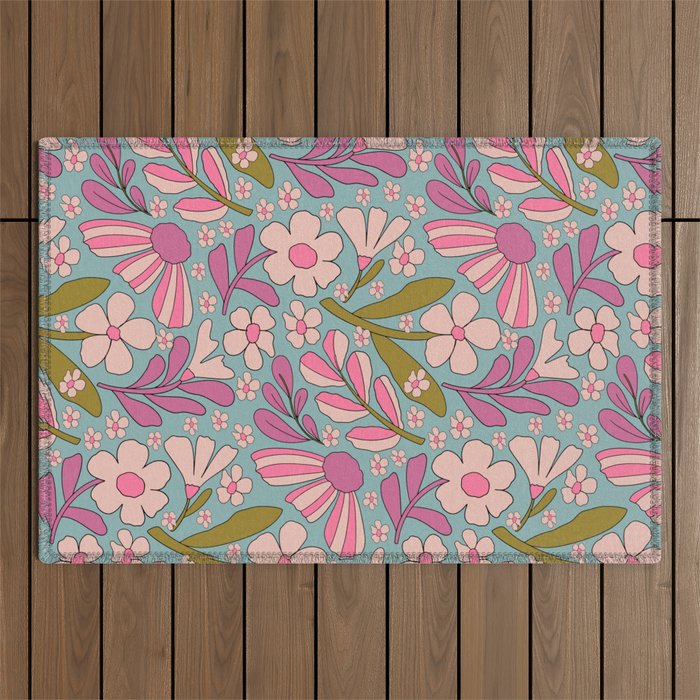 Retro Groovy - 70's Blue Floral Pattern Outdoor Rug Gallery Image 1