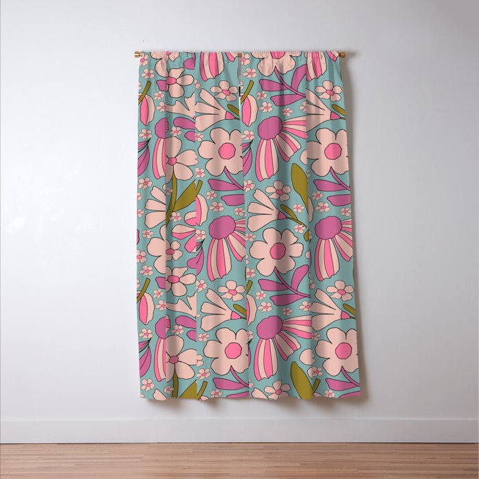 Retro Groovy - 70's Blue Floral Pattern Window Curtain Gallery Image 3