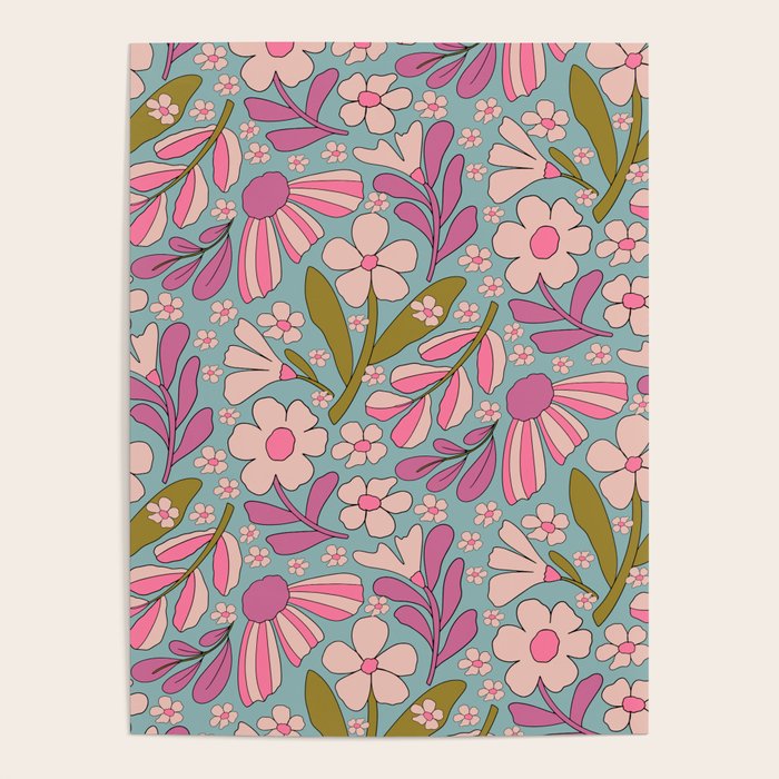 Retro Groovy - 70's Blue Floral Pattern Poster Gallery Image 4