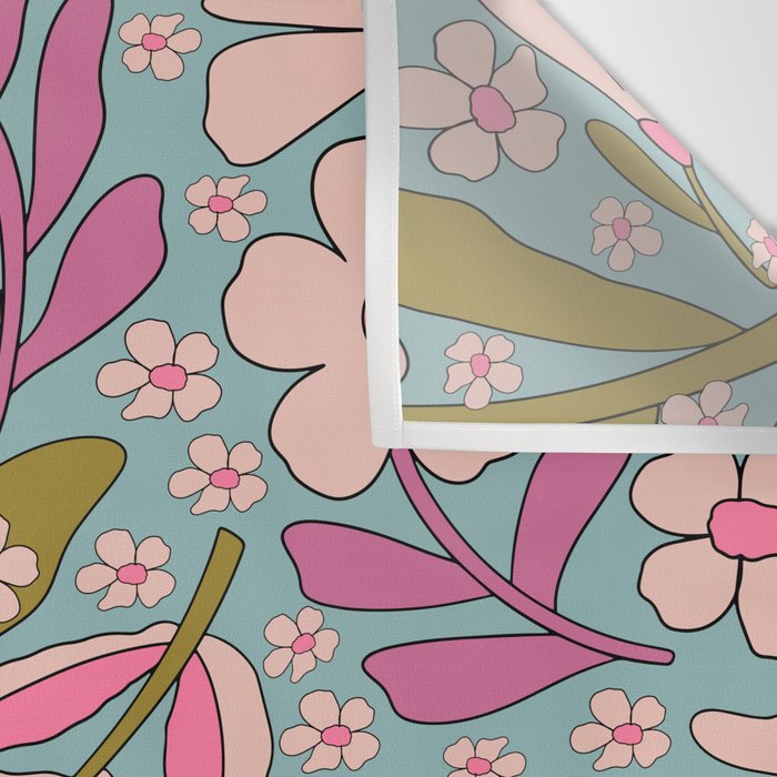 Retro Groovy - 70's Blue Floral Pattern Wall Tapestry Gallery Image 3