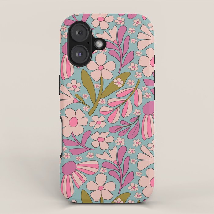 Retro Groovy - 70's Blue Floral Pattern iPhone Case Gallery Image 1