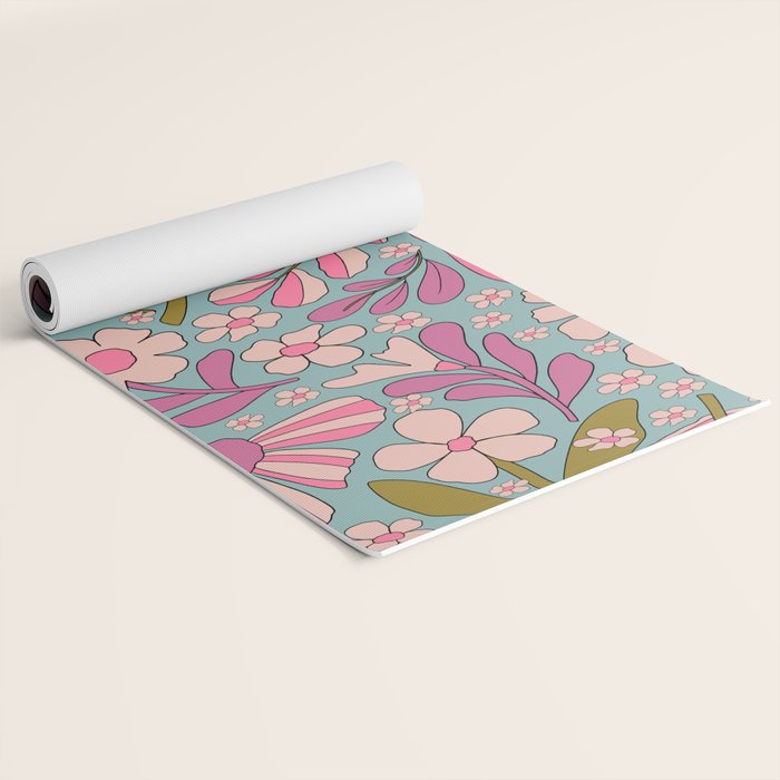 Retro Groovy - 70's Blue Floral Pattern Yoga Mat Gallery Image 2