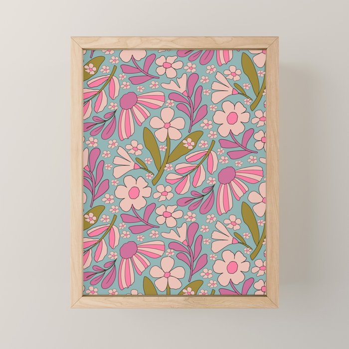 Retro Groovy - 70's Blue Floral Pattern Mini Art Print Gallery Image 1