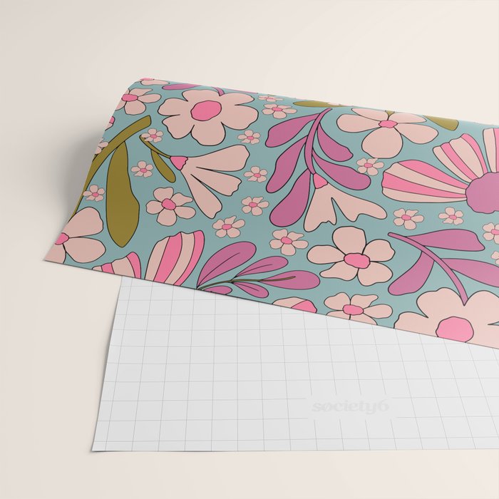 Retro Groovy - 70's Blue Floral Pattern Wrapping Paper Gallery Image 2