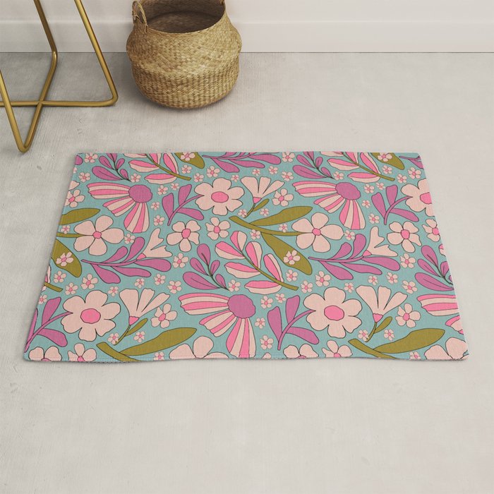 Retro Groovy - 70's Blue Floral Pattern Rug Gallery Image 1