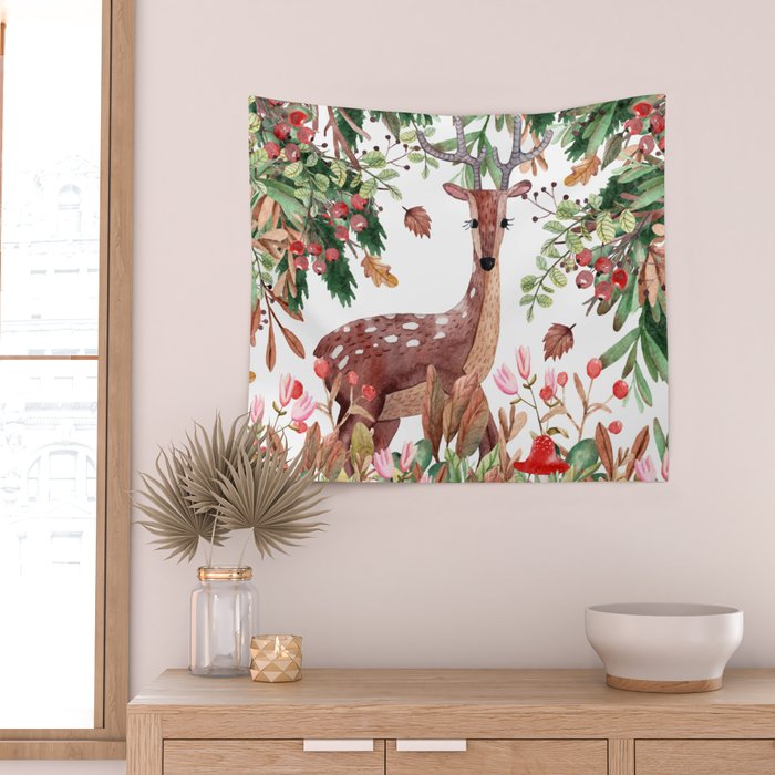 Cute, Watercolor, Deer Painting Wall Tapestry Gallery Image 2