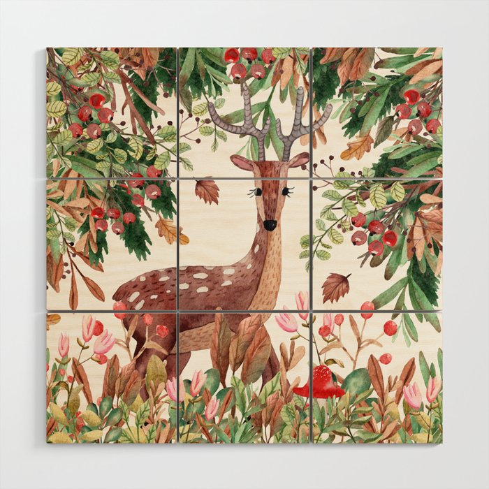 Cute, Watercolor, Deer Painting Wood Wall Art Gallery Image 1