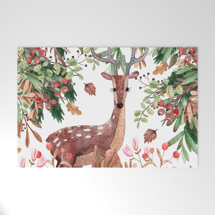 Cute, Watercolor, Deer Painting Welcome Mat Gallery Image 1