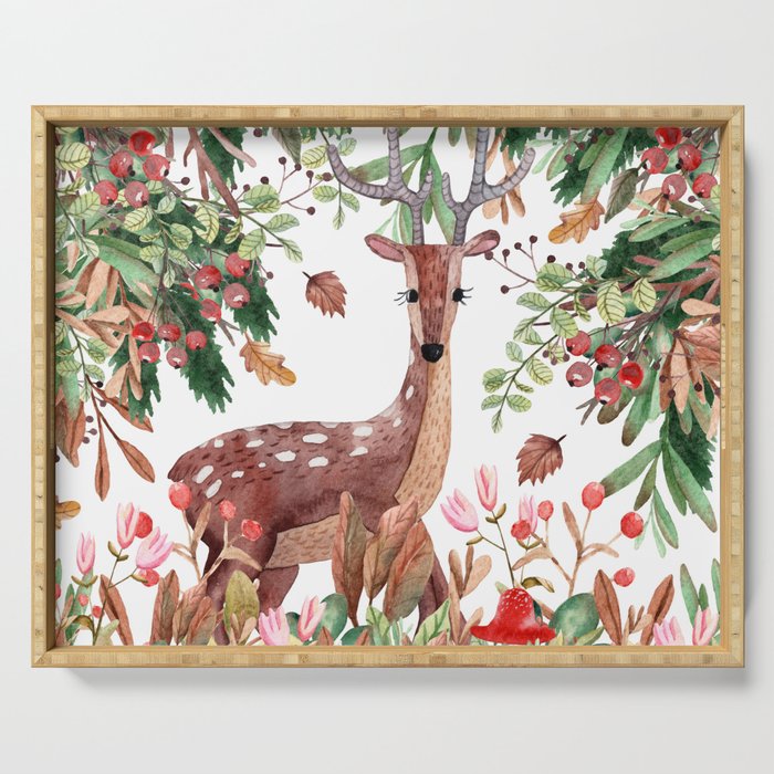 Cute, Watercolor, Deer Painting Serving Tray Gallery Image 1