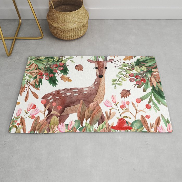 Cute, Watercolor, Deer Painting Rug Gallery Image 1