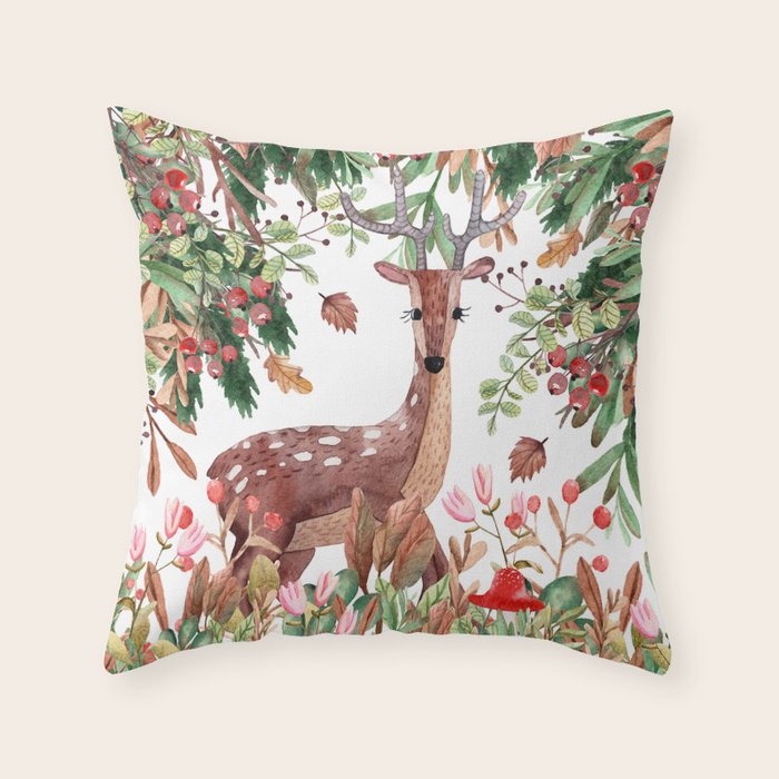 Cute, Watercolor, Deer Painting Throw Pillow Gallery Image 6