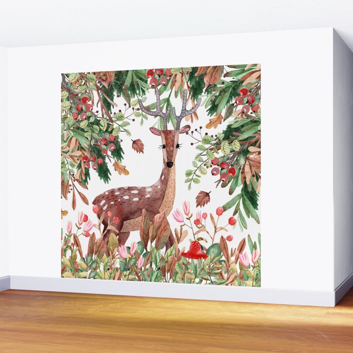 Cute, Watercolor, Deer Painting Wall Mural Gallery Image 2