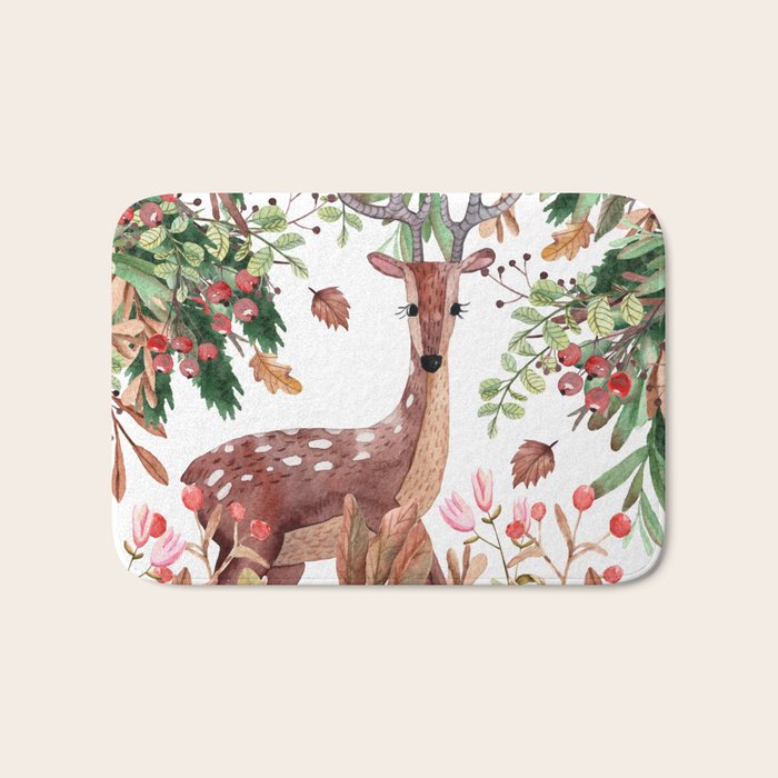 Cute, Watercolor, Deer Painting Bath Mat Gallery Image 1