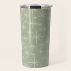 Mid Century Modern Twinkling Retro Starburst Pattern in Sage Green and Beige Travel Mug Gallery Image 1