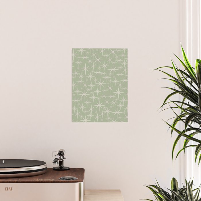 Mid Century Modern Twinkling Retro Starburst Pattern in Sage Green and Beige Poster Gallery Image 2