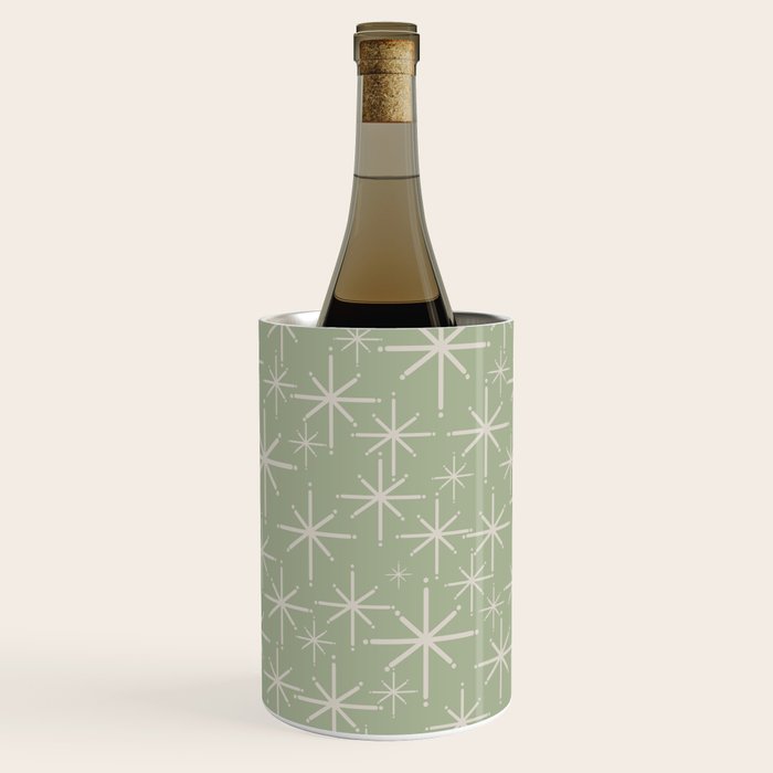 Mid Century Modern Twinkling Retro Starburst Pattern in Sage Green and Beige Wine Chiller Gallery Image 2