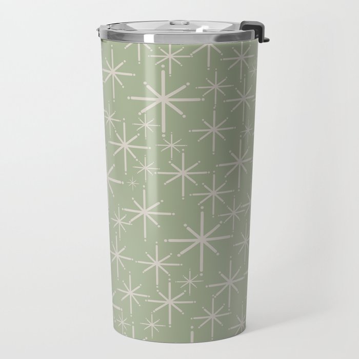 Mid Century Modern Twinkling Retro Starburst Pattern in Sage Green and Beige Travel Mug Gallery Image 2