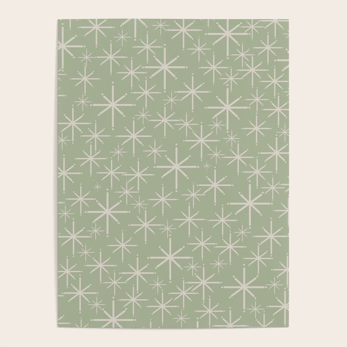 Mid Century Modern Twinkling Retro Starburst Pattern in Sage Green and Beige Poster Gallery Image 1