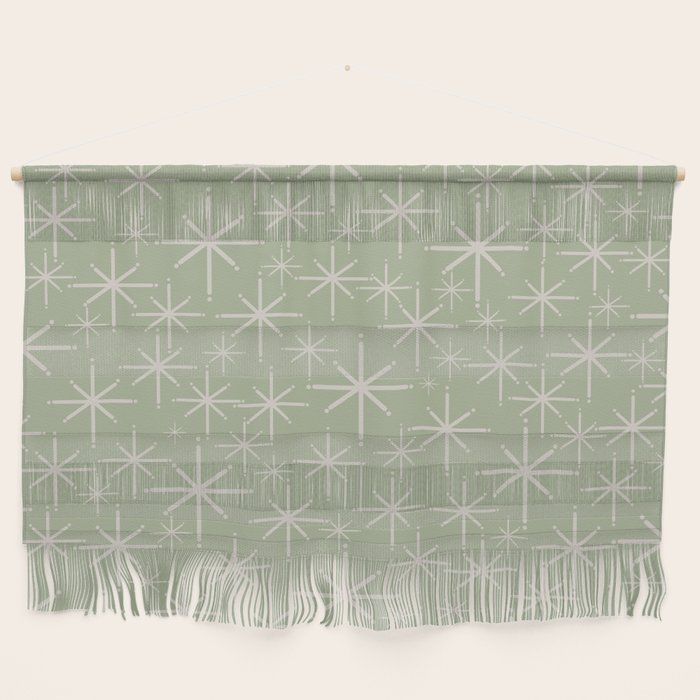 Mid Century Modern Twinkling Retro Starburst Pattern in Sage Green and Beige Wall Hanging Gallery Image 1