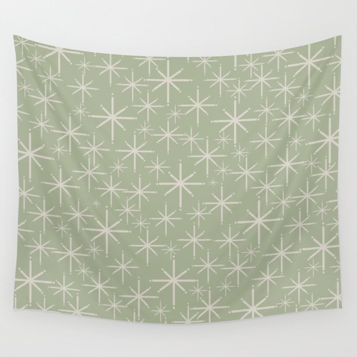 Mid Century Modern Twinkling Retro Starburst Pattern in Sage Green and Beige Wall Tapestry Gallery Image 4
