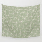 Mid Century Modern Twinkling Retro Starburst Pattern in Sage Green and Beige Wall Tapestry Gallery Image 4