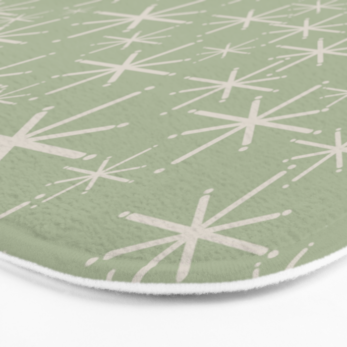 Mid Century Modern Twinkling Retro Starburst Pattern in Sage Green and Beige Bath Mat Gallery Image 3