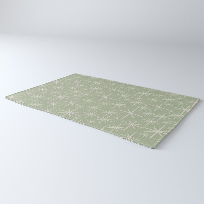Mid Century Modern Twinkling Retro Starburst Pattern in Sage Green and Beige Rug Gallery Image 3