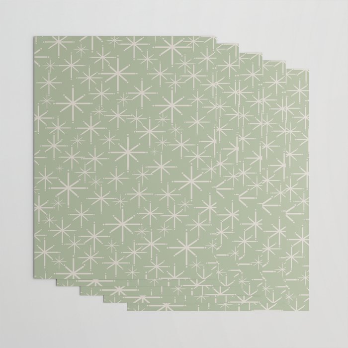 Mid Century Modern Twinkling Retro Starburst Pattern in Sage Green and Beige Wrapping Paper Gallery Image 3