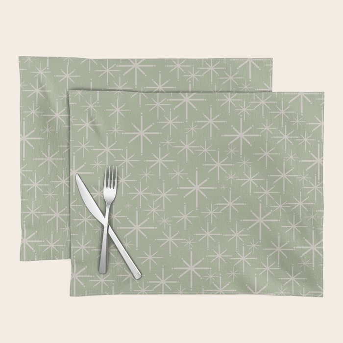 Mid Century Modern Twinkling Retro Starburst Pattern in Sage Green and Beige Placemat Gallery Image 1