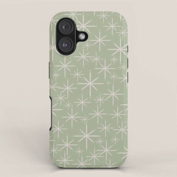 Mid Century Modern Twinkling Retro Starburst Pattern in Sage Green and Beige iPhone Case Gallery Image 1
