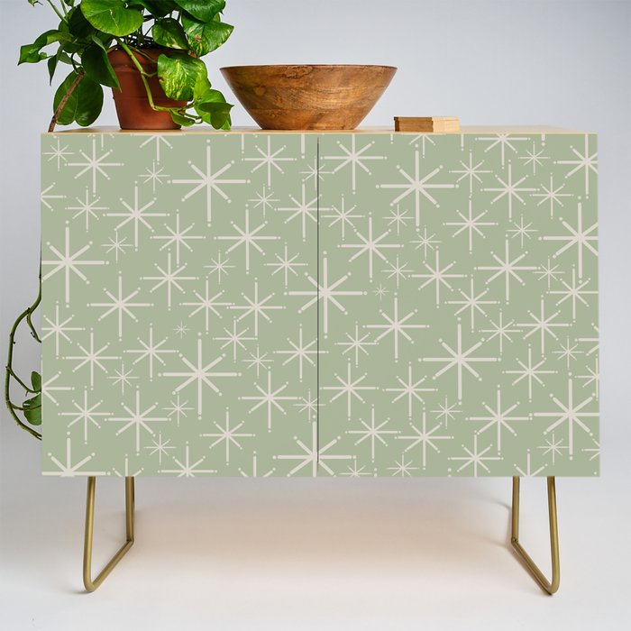 Mid Century Modern Twinkling Retro Starburst Pattern in Sage Green and Beige Credenza Gallery Image 1
