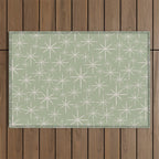 Mid Century Modern Twinkling Retro Starburst Pattern in Sage Green and Beige Outdoor Rug Gallery Image 1