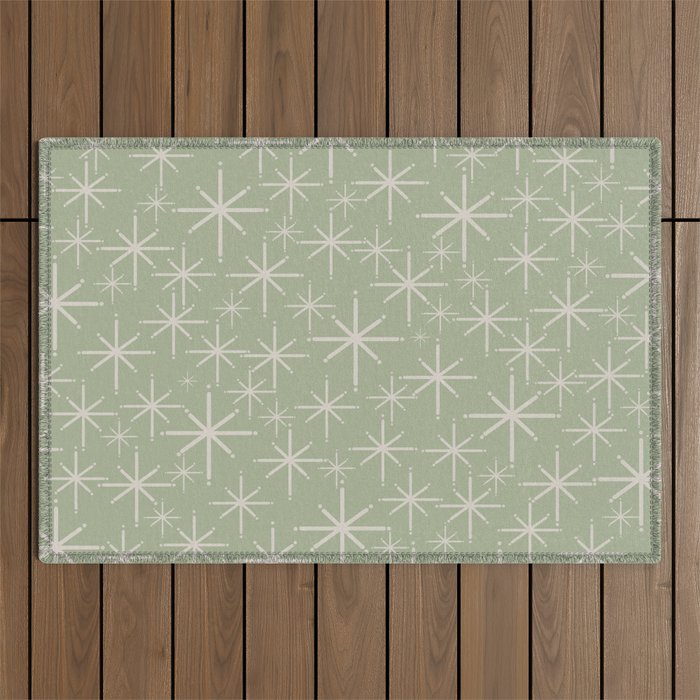 Mid Century Modern Twinkling Retro Starburst Pattern in Sage Green and Beige Outdoor Rug Gallery Image 1
