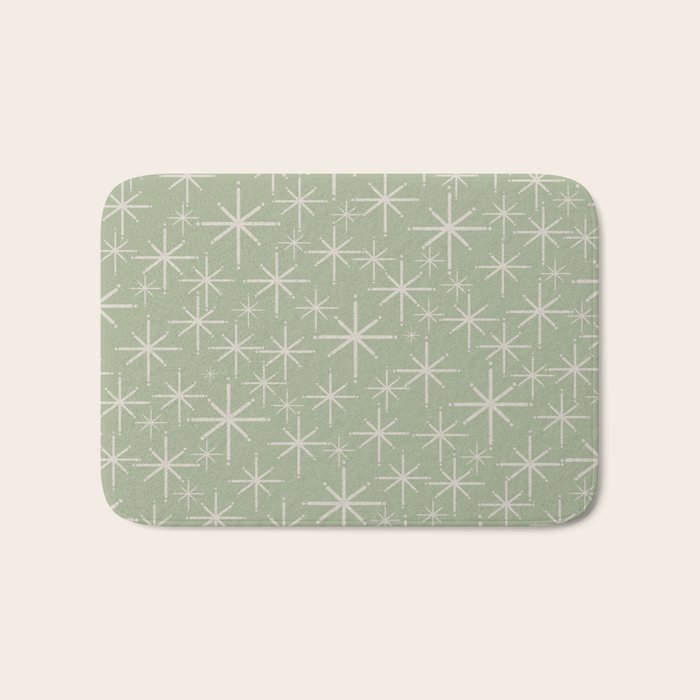 Mid Century Modern Twinkling Retro Starburst Pattern in Sage Green and Beige Bath Mat Gallery Image 1