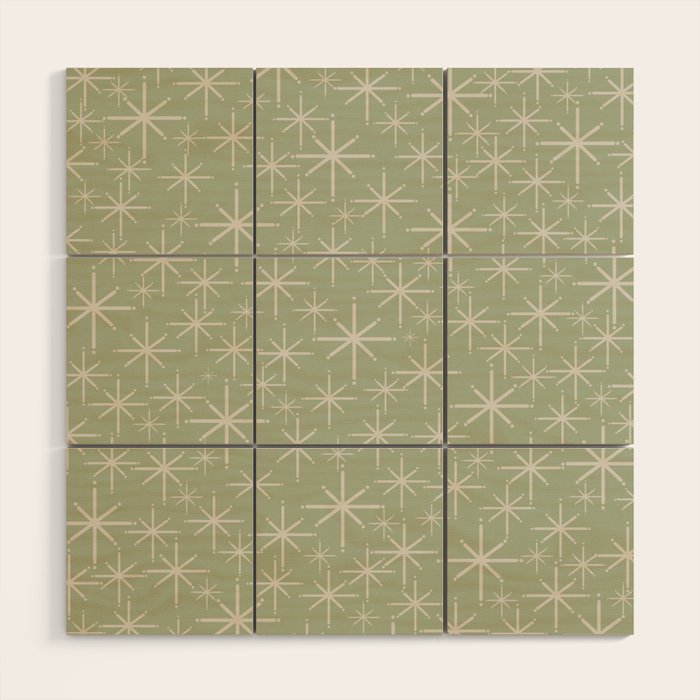 Mid Century Modern Twinkling Retro Starburst Pattern in Sage Green and Beige Wood Wall Art Gallery Image 1
